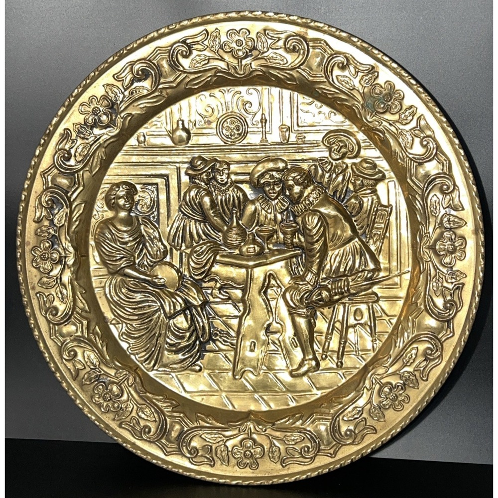 Vintage Embossed Brass 16.5" Wall Hanging Plate Pub‎ Scene Made in England